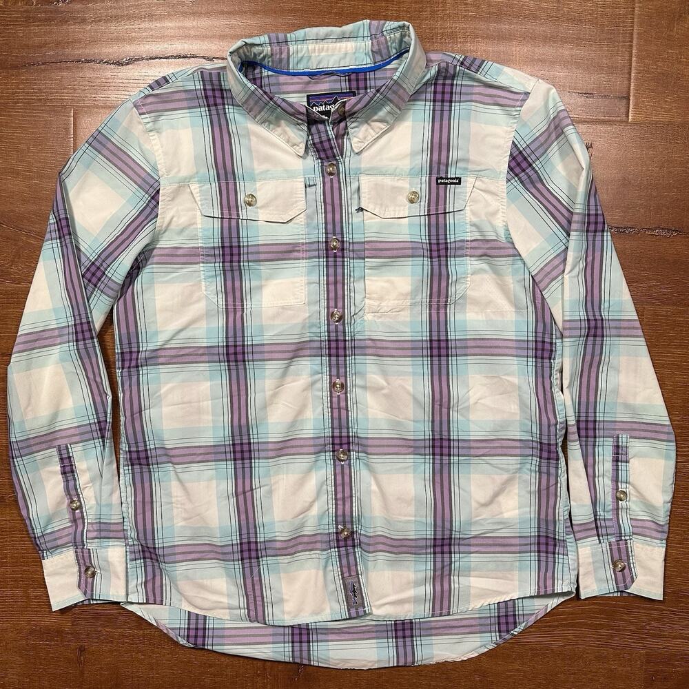 Patagonia Nylon Shirt Womens S Blue Tartan Plaid Relaxed Fit Long Sleeve Hiking
